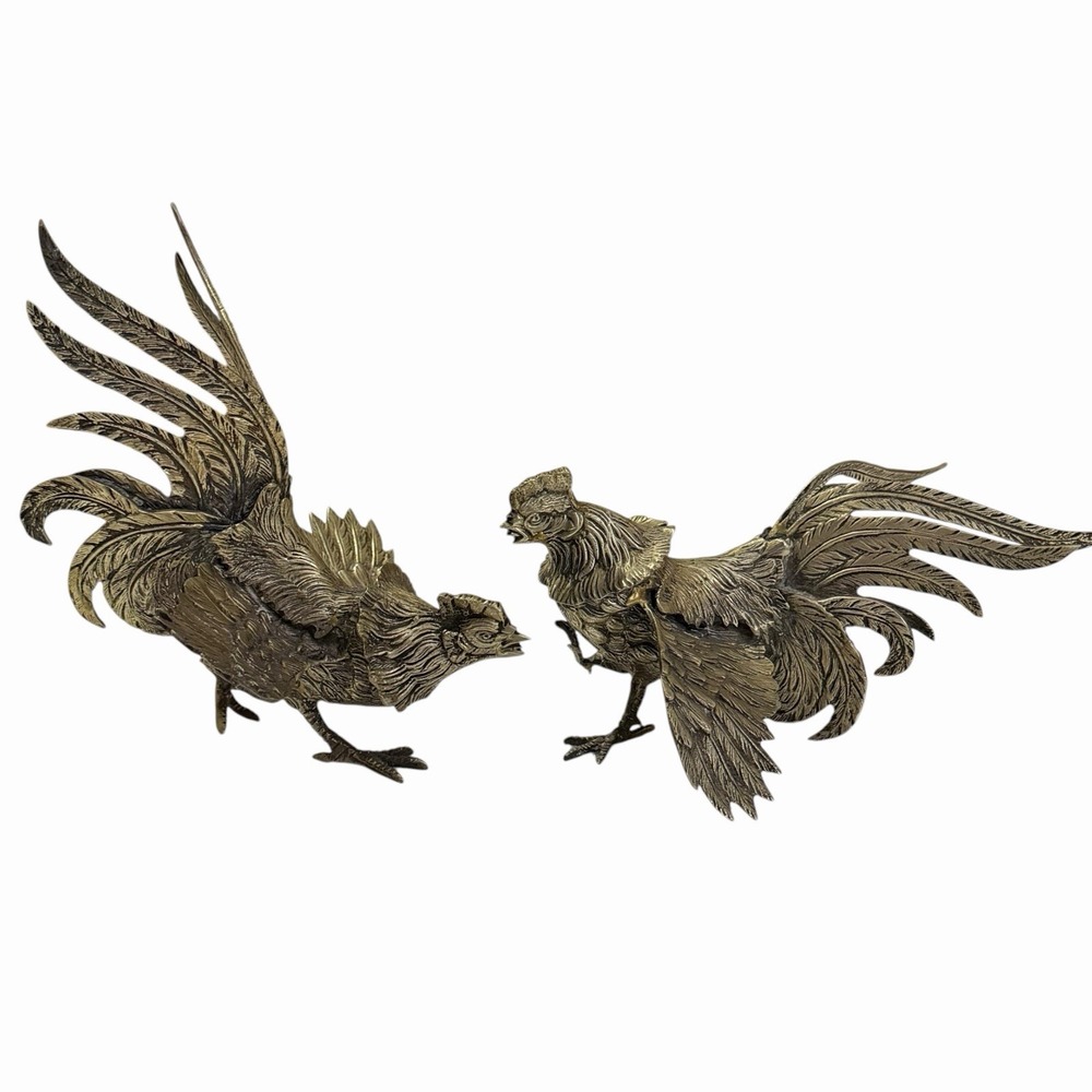 Vintage Solid Brass Fighting Rooster Figurines/Bookends EUC 7"x 5"